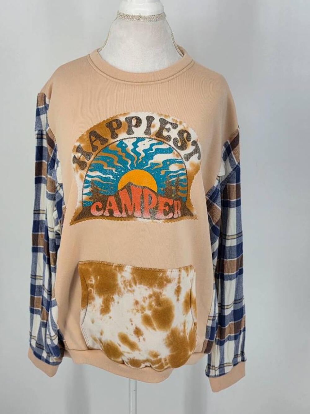 Time Tru Womens XL Happiest Camper Sweatshirt Mixed Media Plaid Tie Dye Pullover